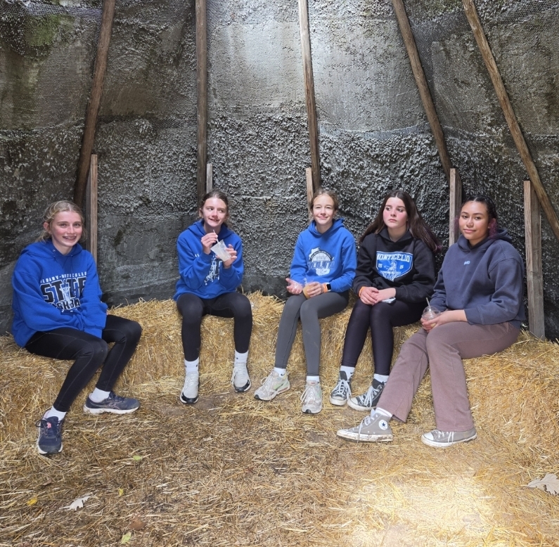 Five girls sitting inside a teepee.