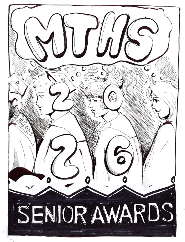 Illustrated poster featuring four people in profile with the text "MTHS 2026 Senior Awards." The tone is nostalgic and celebratory.
