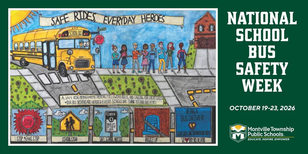 National School Bus Safety Week banner with a child's drawing of various school bus items and the dates, October 19-23, 2026.