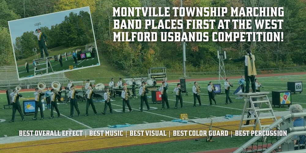 Montville Township Marching Band places first at the West Milford US Bands Competition. Image contains two images of the marching band performing.