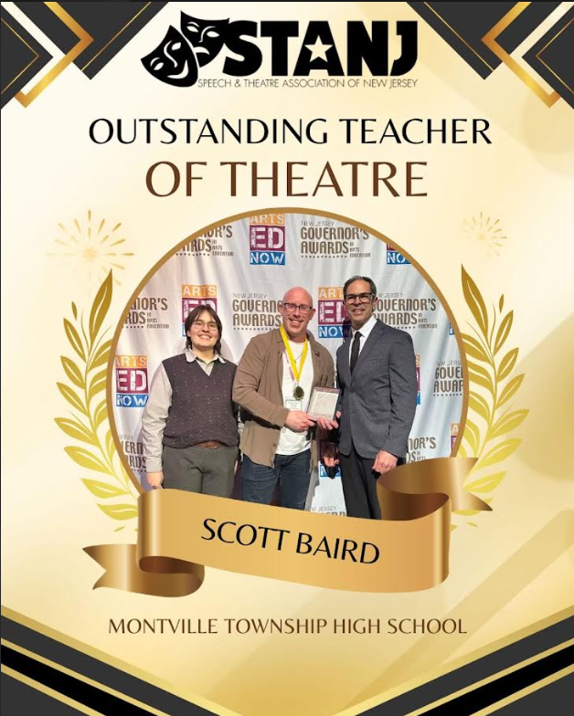 Three people stand smiling, the middle person holding an award. The backdrop reads "Governor's Awards." Text reads "Outstanding Teacher of Theatre: Scott Baird, Montville Township High School."