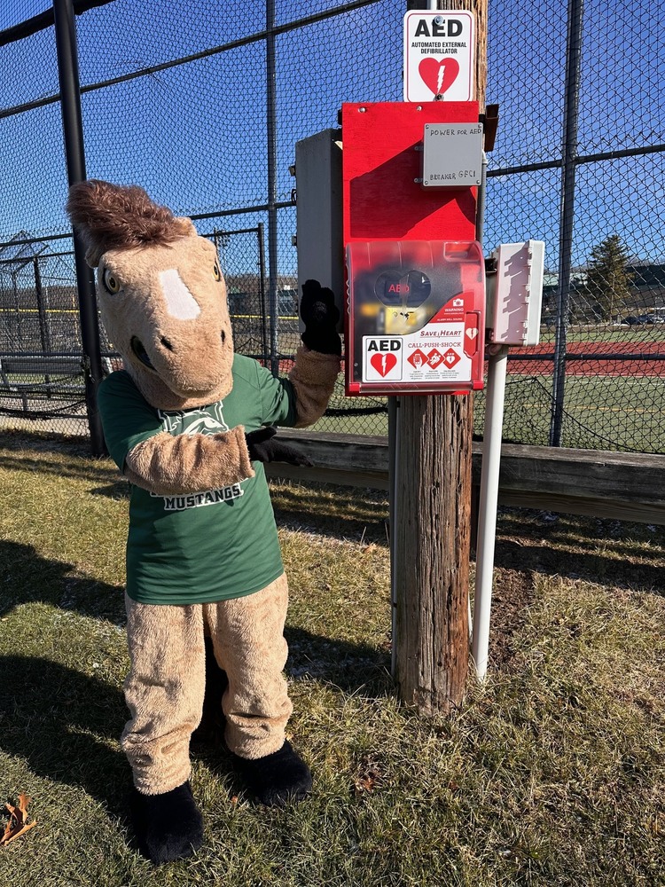 A horse mascot in a green "Mustangs" shirt smiles and points at a red AED box mounted on a wooden pole by a sports field. It’s a sunny day.