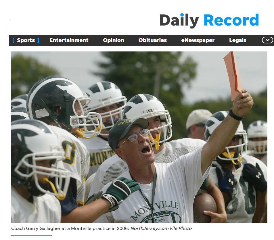 Screen Shot - Coach Gerry Gallagher  at a Montville Township High School football practice in 2006. NorthJersey.com File Phot from THE DAILY RECORD July 24, 2025. 
