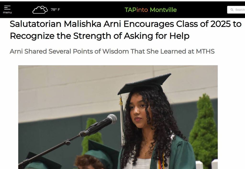 Salutatorian Malishka Arni Shared Several Points of Wisdom That She Learned at MTHS (Screen Shot)  IN THE NEWS!  #MTHS Salutatorian Malishka Arni Encouraged Peers to Recognize the Strength of Asking for Help. SEE PICS & speech at #MontvilleTAP https://www.tapinto.net/towns/montville/sections/education/articles/salutatorian-malishka-arni-encourages-class-of-2025-to-recognize-the-strength-of-asking-for-help