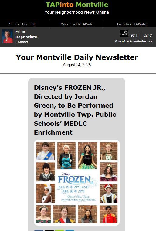 IN THE NEWS! Disney's FROZEN JR, performed by the #MTPS MEDLC Summer Enrichment students in grades 4-11. At #ValleyView on Fri & Sat  Aug 15 (7pm) & 16 (2pm). Tickets $8 & $10 at the door! Directed by music teacher Jordan Green. #FamilyFun! INFO in #MontvilleTAP: https://www.tapinto.net/towns/montville/sections/arts-and-entertainment/articles/disney-s-frozen-jr-directed-by-jordan-green-to-be-performed-by-montville-twp-public-schools-medlc-enrichment