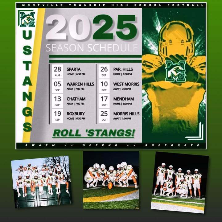 MTHS Mustangs! 2025 Season Schedule! Roll 'Stangs! HOME: Aug 28 - SPARTA, 6:30 PM, Sept 19 & 26-Roxbury & Par-Hills 6:30, & Oct 17 Mendham 6:30.  Away: Sept 5 (Warren Hills 7pm), Sept 13 (Chatham 7pm), Oct 10 (West Morris 7pm) & October 25 (Morris Hills 1pm).