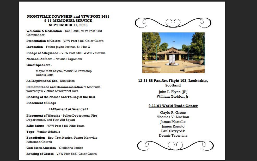 9/11 Memorial Ceremony, Today, Thursday, September 11 at 11AM at Montville Community Park Freedom Plaza, 130 Changebridge Road. LIVE! In-person! OR on ZOOM: www.montville.net/911vfwmemorialservice #MTHS Seniors & Musicians Venkat Adabala, Natalia Fragomeni & Giulianna Panico will perform. Organized by MONTVILLE TOWNSHIP and VFW POST 5481
