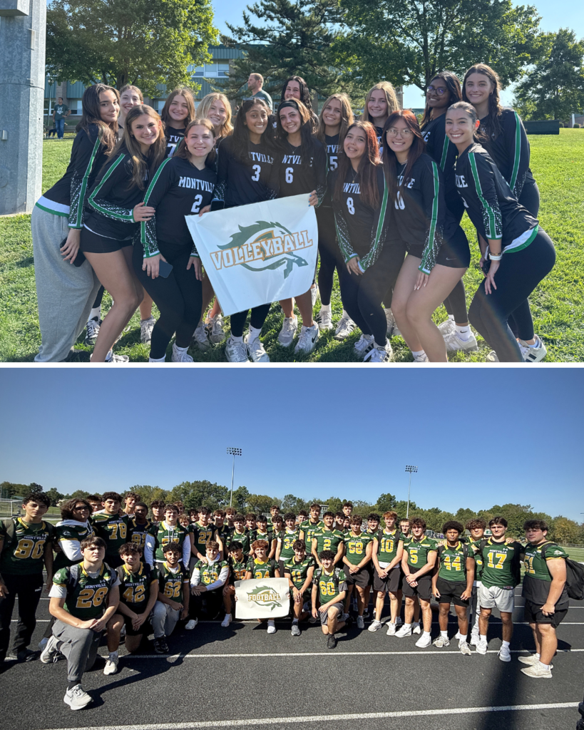 Picture of the girls volleyball team (top) and boys football team (bottom)