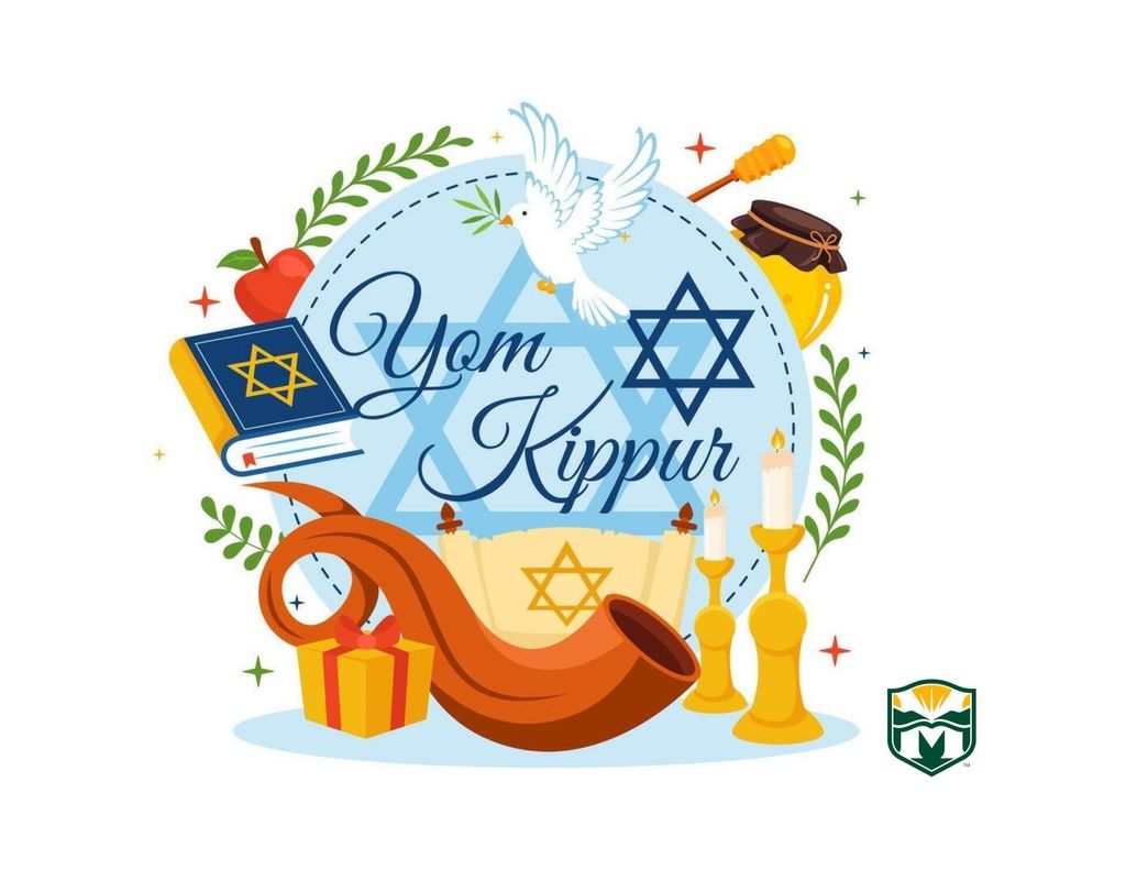 Illustration for Yom Kippur featuring a dove, Star of David, shofar, menorah, apple, honey, and Torah scroll, branded in the corner with the Montville Township Public Schools District Logo.