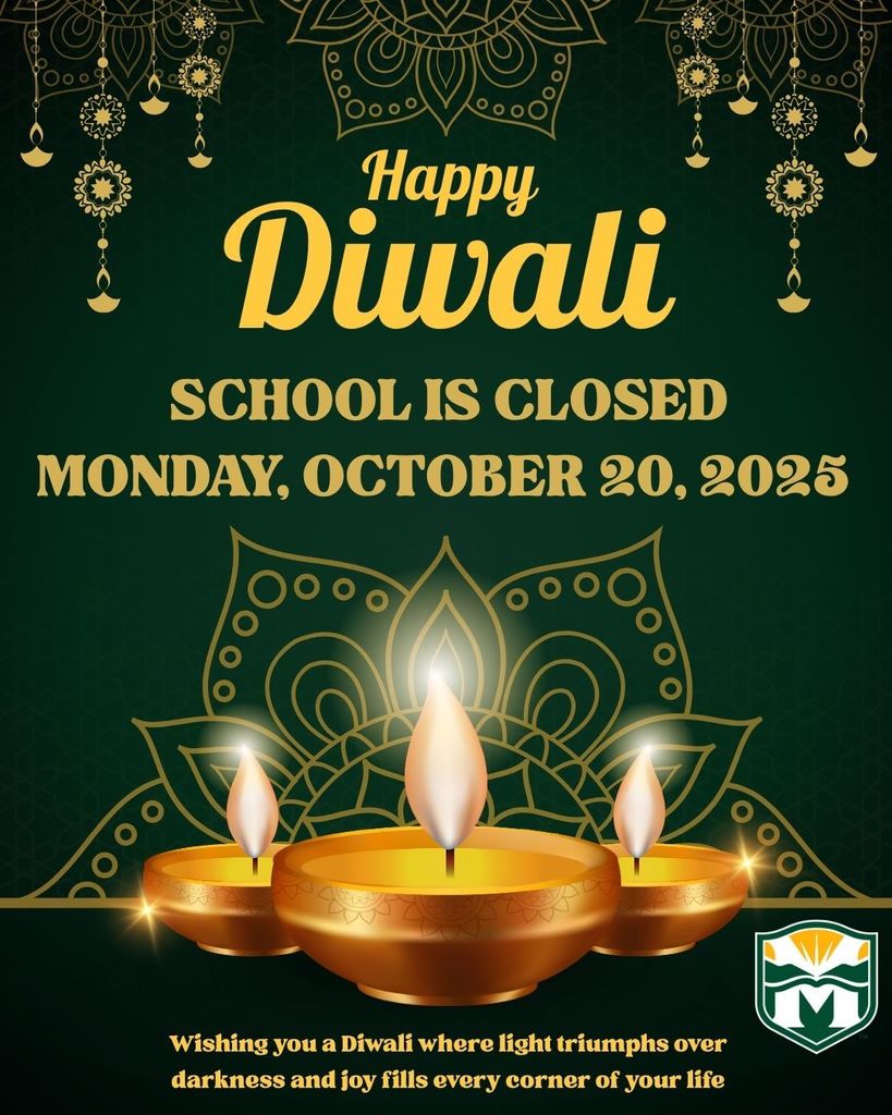 Happy Diwali message on a dark green background with intricate gold patterns. Three glowing oil lamps are centered. Note: School is closed October 20, 2025.