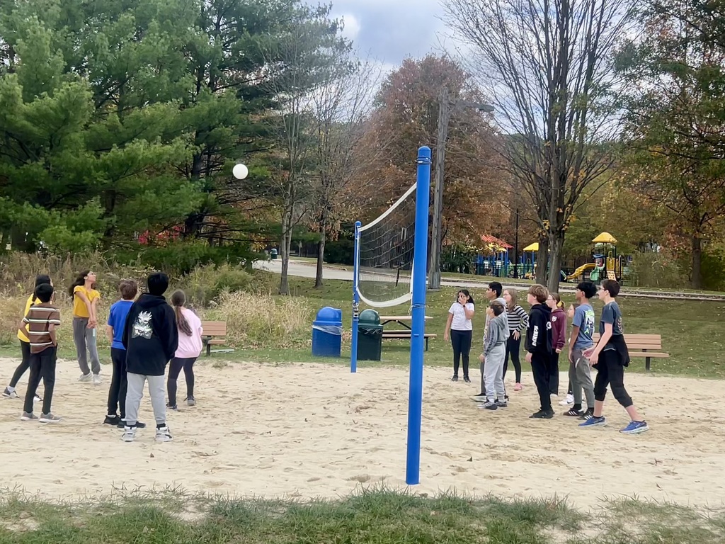 A group of young people plays volleyball on a sandy court in a park, surrounded by trees with autumn foliage. The mood is lively and energetic.