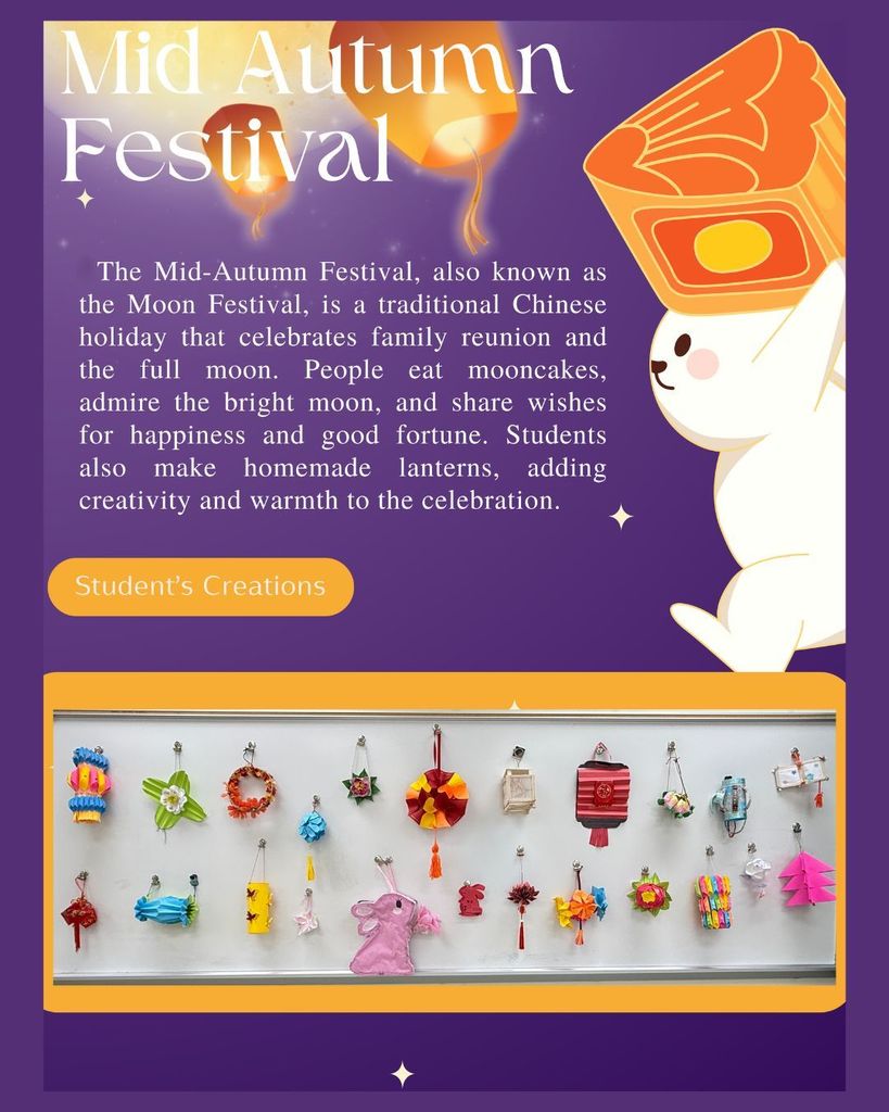 Mid-Autumn Festival flyer. Text reads: The Mid-Autumn Festival, also known as the Moon Festival, is a traditional Chinese holiday that celebrates family reunion and the full moon. People eat mooncakes, admire the bright moon, and share wishes for happiness and good fortune. Students also make homemade lanterns, adding creativity and warmth to the celebration. The student created lanterns are featured. 