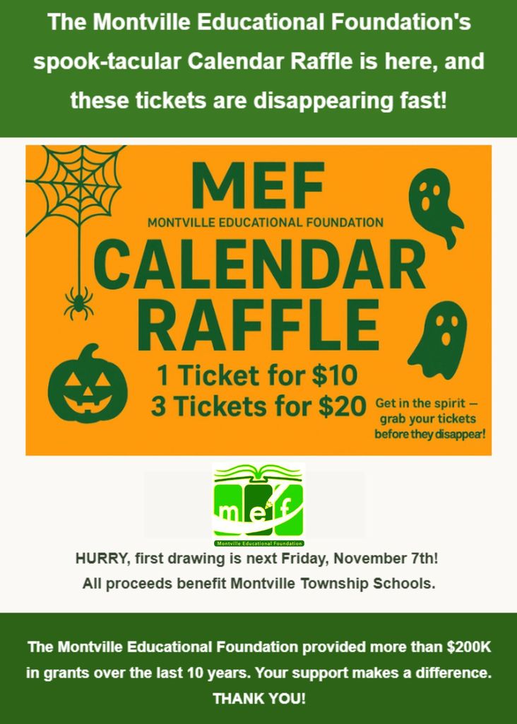 Halloween-themed raffle flyer for Montville Educational Foundation shows orange background with pumpkins, spiderweb, and ghosts. Tickets: 1 for $10, 3 for $20.