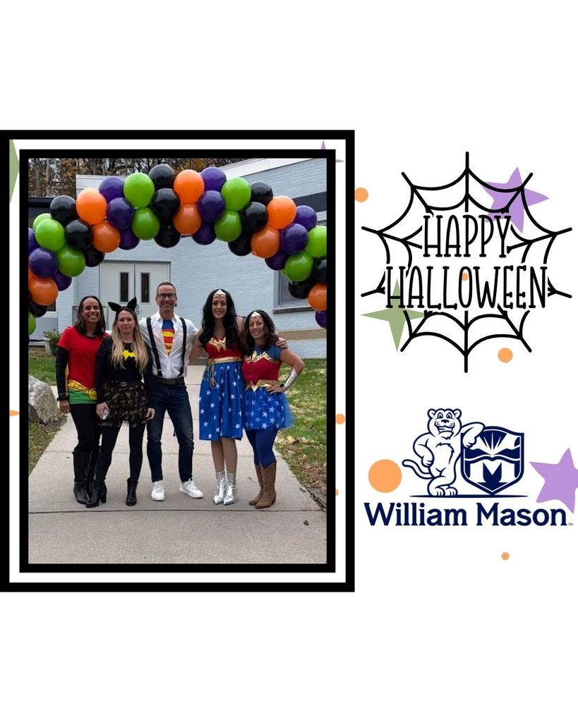 A group of five adults in superhero costumes stand on a path under a colorful balloon arch. There are Halloween decorations and "Happy Halloween" text on the side. The mood is festive and cheerful.