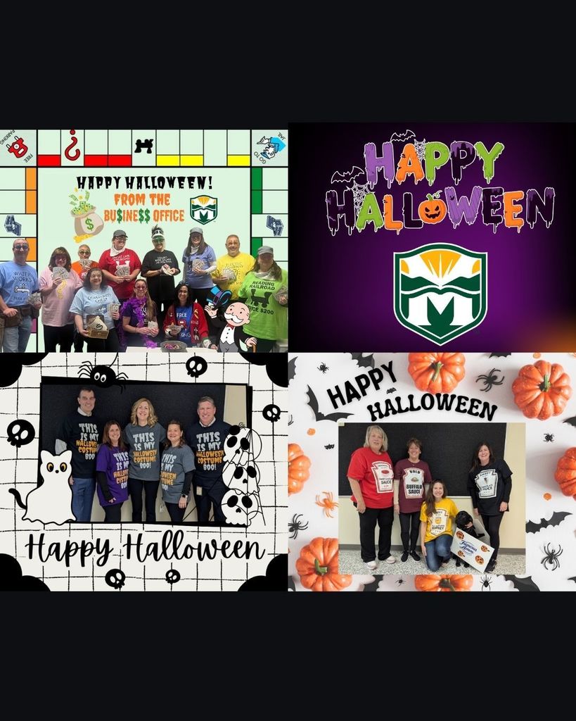Collage of four Halloween-themed photos. Top left: Group in colorful shirts with "Happy Halloween" banner. Top right: Text "Happy Halloween" with logo. Bottom left: Team in matching shirts with ghost graphics. Bottom right: Group with pumpkin and bat decor. Mood: Festive and cheerful.