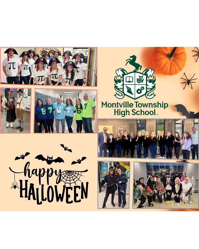 Collage of Montville Township High School's Halloween celebration. Staff in various costumes, festive decorations, and the school logo. Happy Halloween text surrounded by bats.