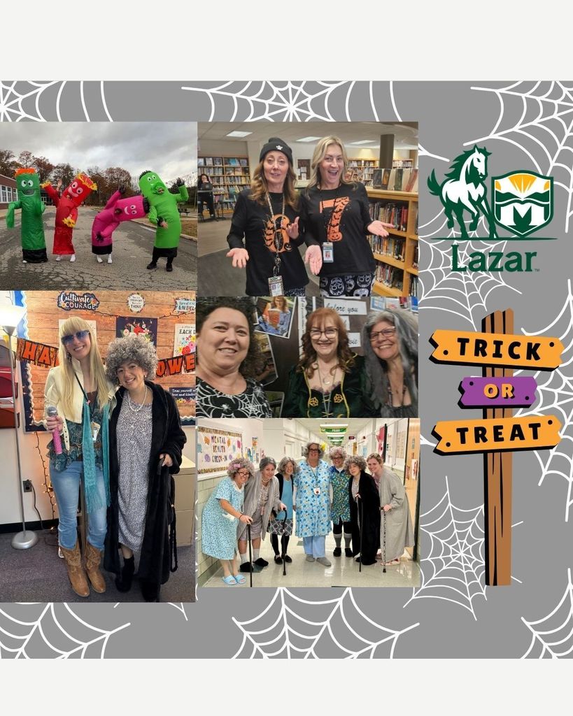 A collage of Halloween-themed images featuring costumed individuals. Includes blow-up characters outside, library staff in number-themed shirts, and people in elderly costumes, with a background of spider webs and signs reading "Trick or Treat." The tone is festive and playful.