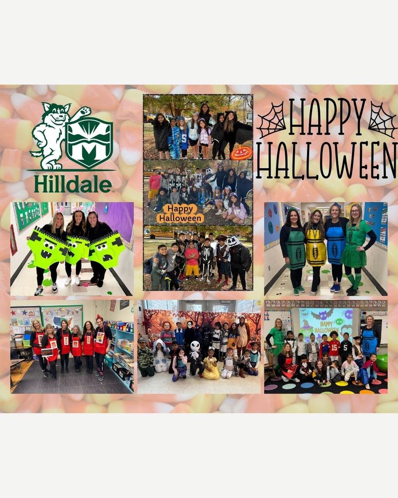 Collage of Halloween scenes at Hilldale School. Students and teachers wear creative costumes. Background has candy corn and "Happy Halloween" text. Festive and joyful atmosphere.