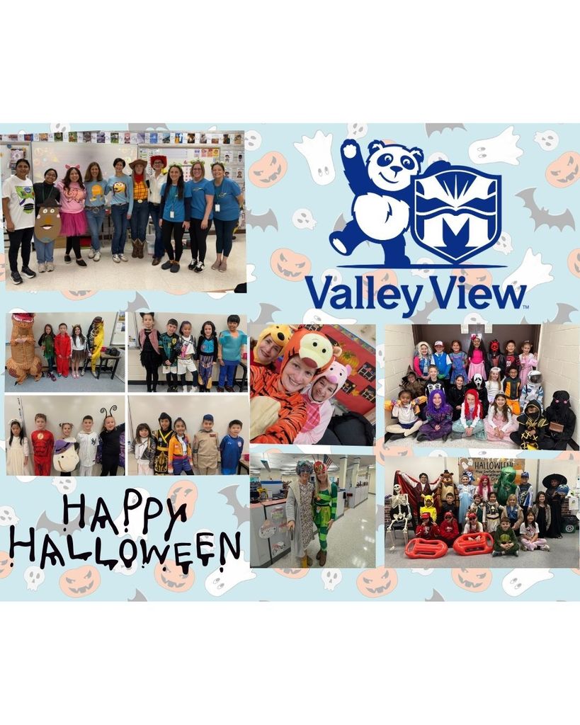 Collage of children and adults in Halloween costumes at Valley View School. A blue background with smiling pumpkins and "Happy Halloween" text.