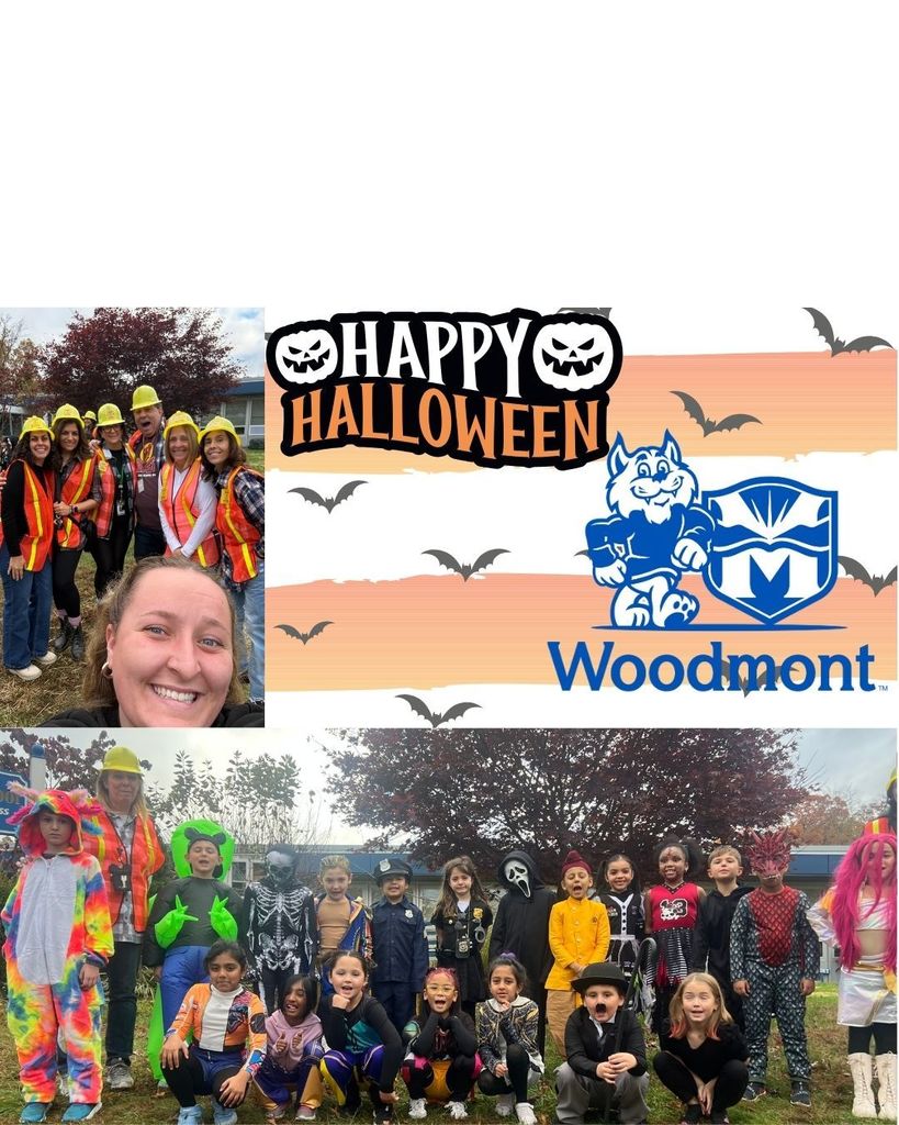 A cheerful Halloween collage featuring adults in construction costumes, kids in colorful costumes, and a "Happy Halloween" banner with bats and the Woodmont logo.