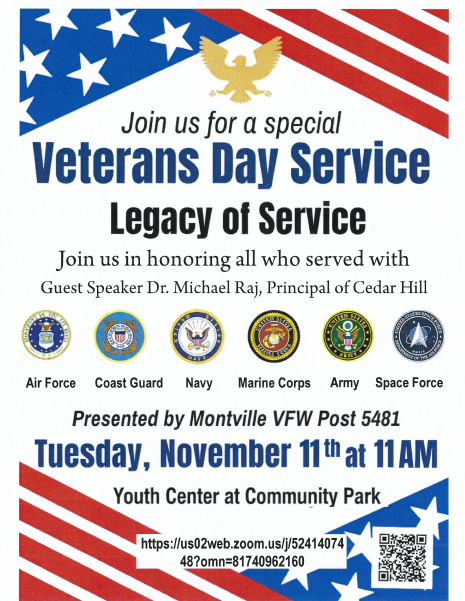 Patriotic Veterans Day Service flyer with an American flag motif. Details include event date, time, location, guest speaker, and military branch logos.