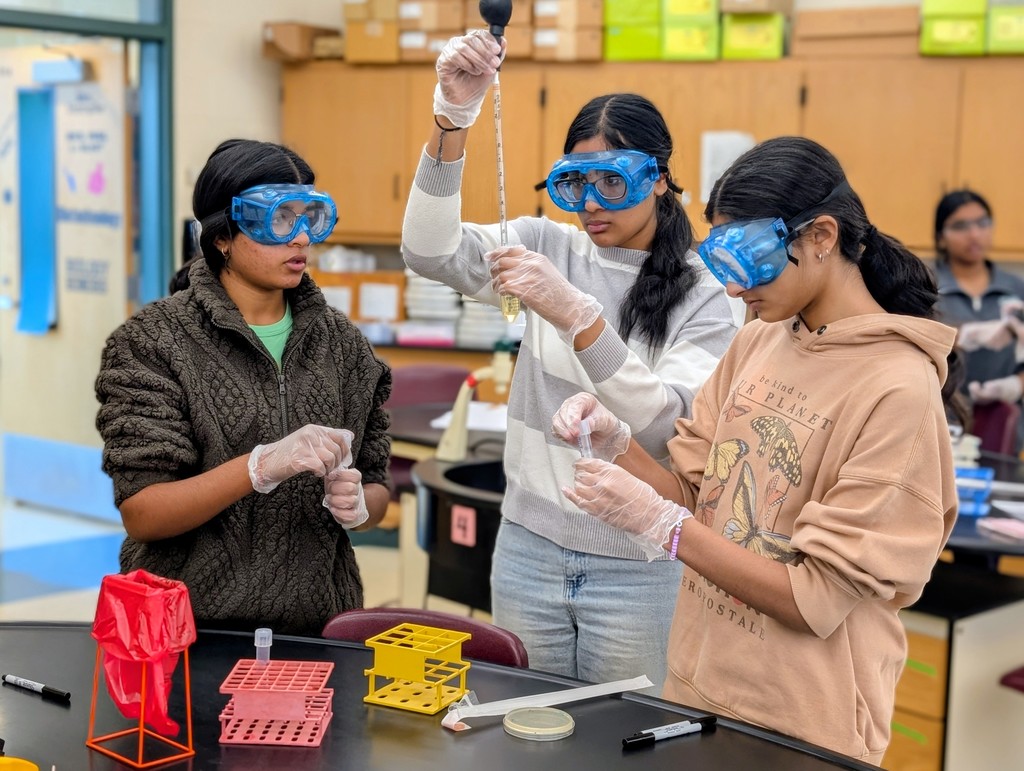 Picture of three students wearing lab blue lab safety goggles and gloves. One student is using a pipette and a test tube.