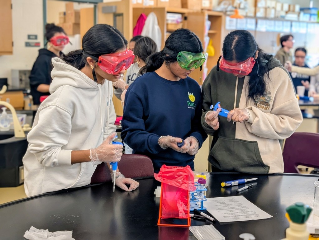 Three students wearing lab goggles  work on their lab for Research in Molecular Biology. 
