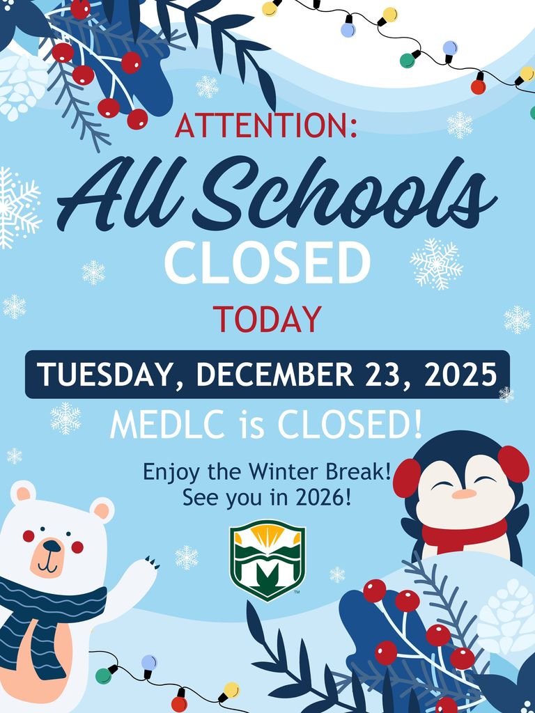 Festive winter graphic with snowflakes, a bear, and a penguin, announcing school closures for December 23, 2025. Blue tones, holiday lights.