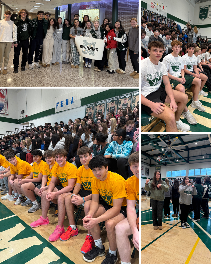 photo collage from the pep rally featuring the swin team and students participating in the game as well as students signing the national anthem