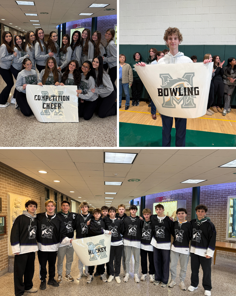 Photo collage of our athletes participating in the pep rally including the cheer team, bowling team and hockey team