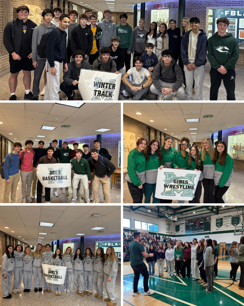 photo collage of the athletes participating in the winter pep rally today featuring the track team, boys basketball team, girls basketball team, girls wrestling team and also the chamber choir