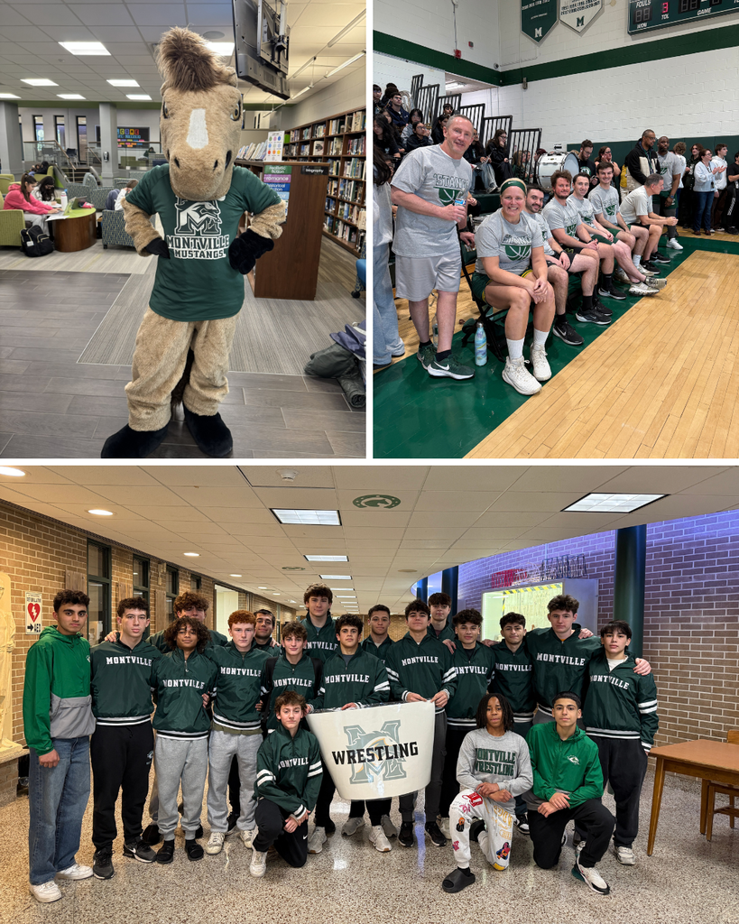 Photo collage of the pep rally featuring pictures of our mascot, the teachers participating the the basketball game and the boys wrestling team.