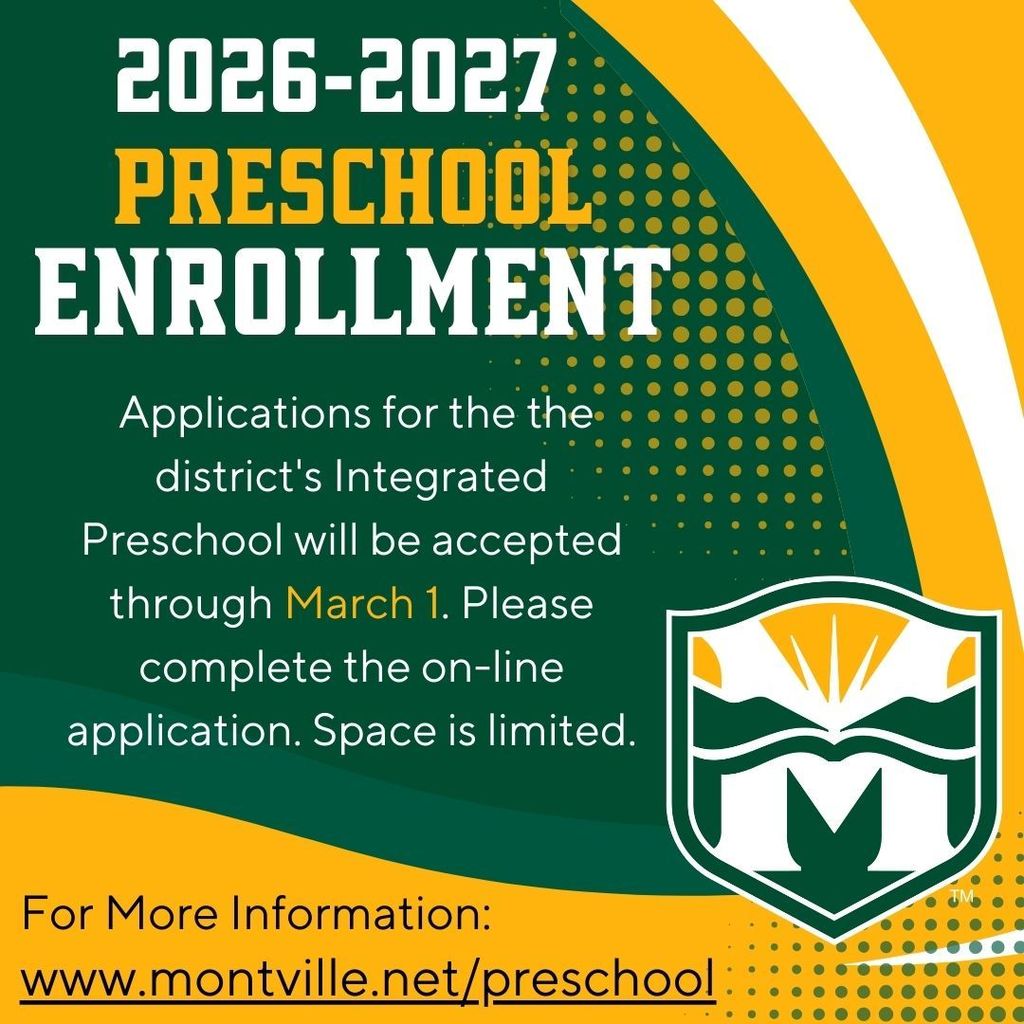 Green and yellow image for 2026-2027 preschool enrollment. Text highlights application deadline, March 1, with limited space. Includes a school emblem and website link for more info.