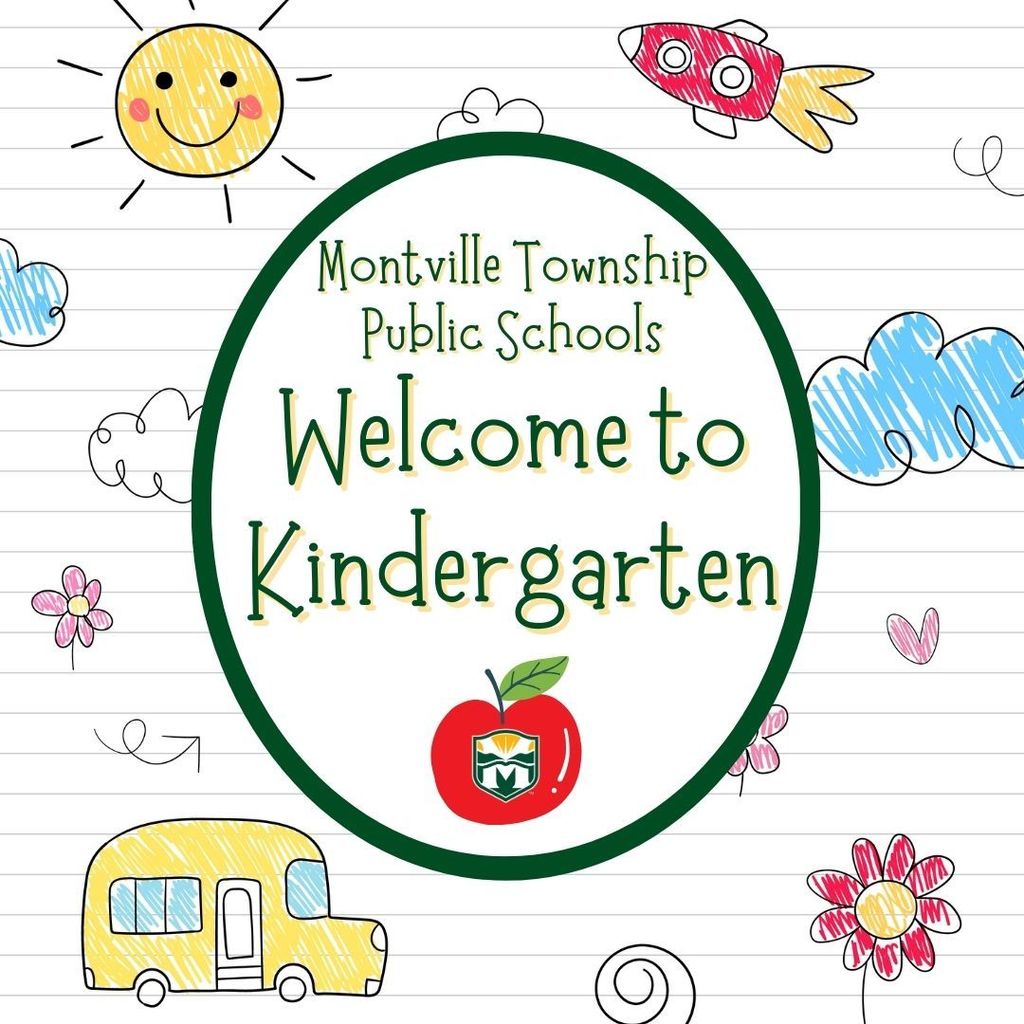 A colorful kindergarten welcome poster with a sun, clouds, rocket, and flowers. Text reads "Montville Township Public Schools Welcome to Kindergarten" with a red apple logo. The tone is cheerful and inviting.