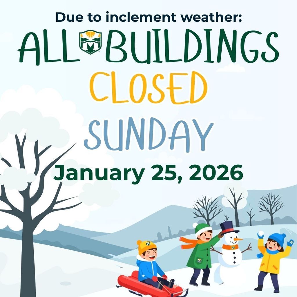 "Illustration of kids playing in snow with a snowman and sled against a winter backdrop. Text above reads 'All Buildings Closed Sunday, January 25, 2026' due to weather."