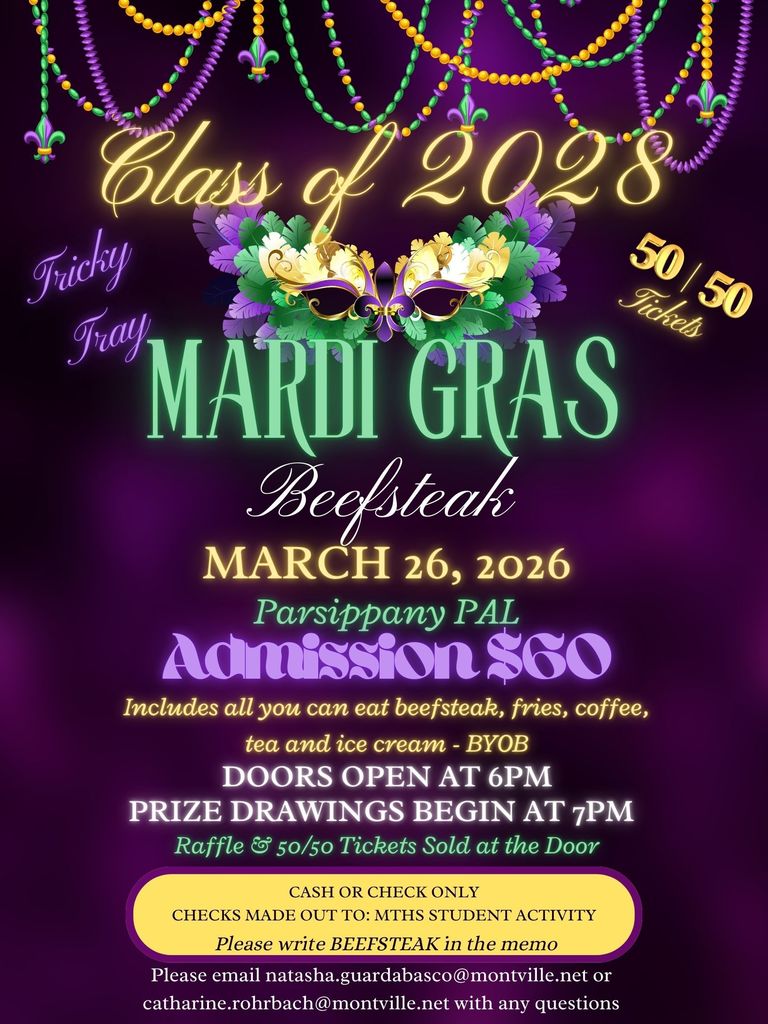 Alt text: "Mardi Gras-themed poster for Class of 2028 Beefsteak event. Features colorful beads, masks, and text. Event date: March 26, 2026, at Parsippany PAL. Admission: $60, includes all-you-can-eat beefsteak. Doors open at 6 PM, prize drawings at 7 PM. Raffle and 50/50 tickets sold at the door. Contact emails provided for inquiries. Payment by cash or check only."