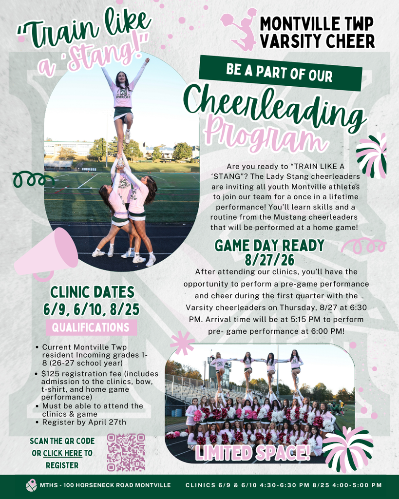 Cheerleading program flyer: "Train like a 'Stang!" with Montville Varsity Cheer. Clinic dates: 6/9, 6/10, 8/25. Limited space. QR code for registration.
