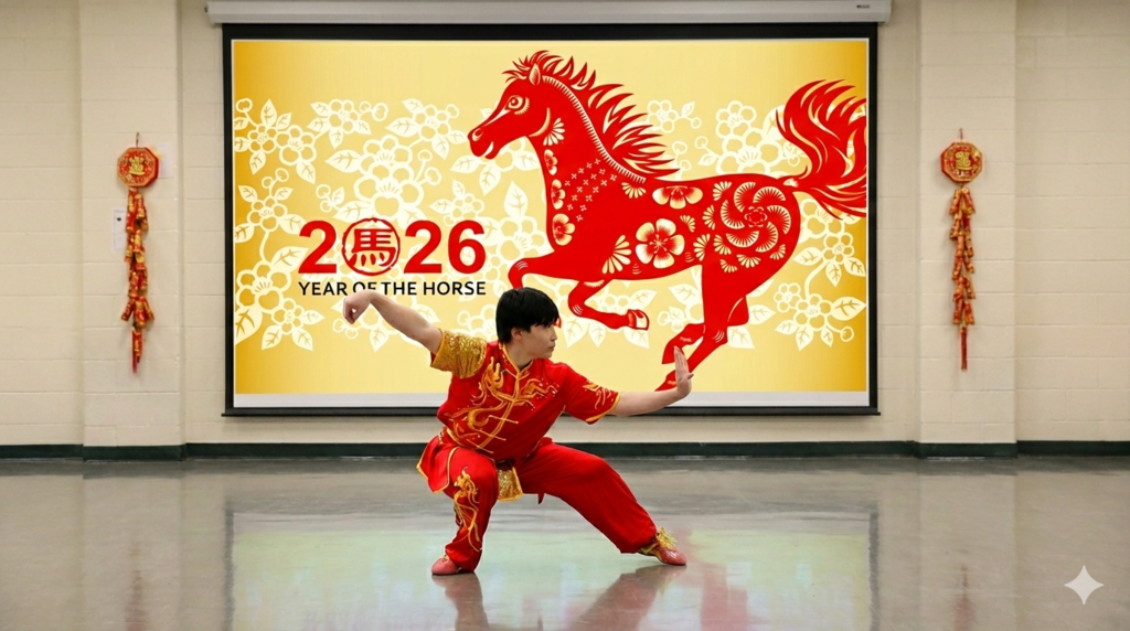 A person in traditional red attire performs a martial arts pose in front of a "Year of the Horse" banner with a stylized red horse design.