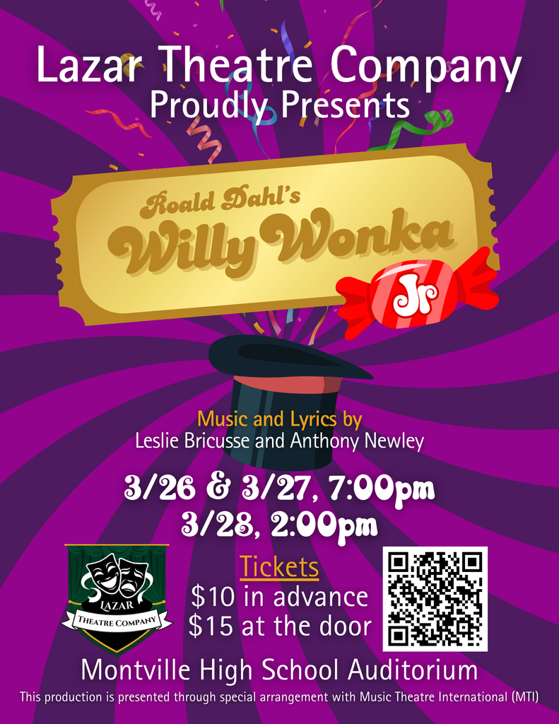 Colorful poster for "Willy Wonka Jr." by Lazar Theatre Company. Features candy graphics, showtimes, ticket prices, and venue details, with a playful tone.