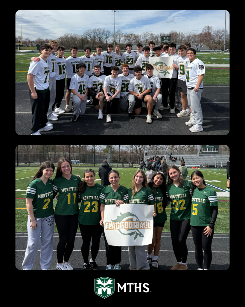 Picture of student athletes at the spring pep rally. Featuring pictures of the MTHS Boys Lacrosse team and MTHS Flag Football team
