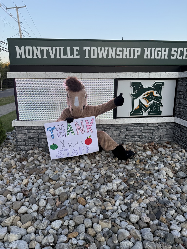 A school mascot dressed as a horse holds a "Thank You Staff" sign with a thumbs-up. They sit on rocks in front of Montville Township High School's sign.