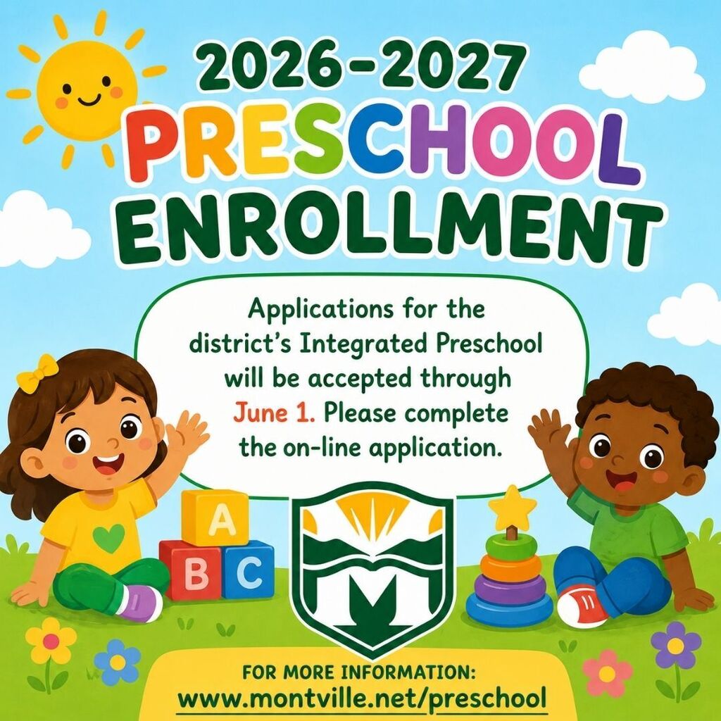 Colorful preschool enrollment poster for 2026-2027. Features smiling children, toys, and a cheerful sun. Details online application deadline of June 1.