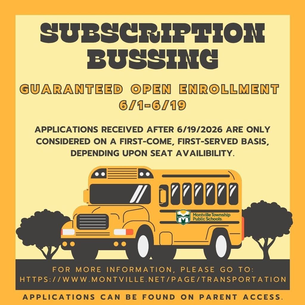 Yellow flyer for Montville Township Public Schools' Subscription Bussing. It features a school bus graphic and provides enrollment details from 6/1 to 6/19.