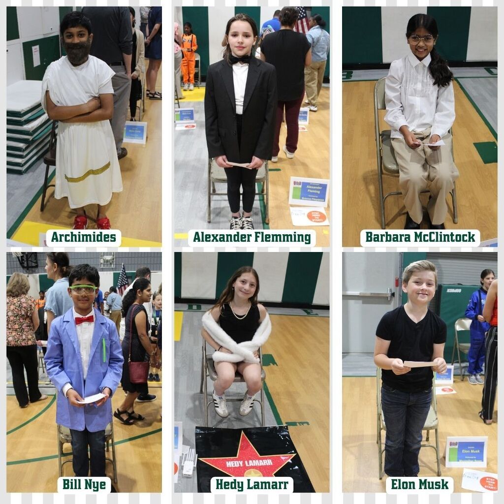 Children dressed as famous historical figures stand in a gymnasium, each with a sign: Archimedes, Alexander Fleming, Barbara McClintock, Bill Nye, Hedy Lamarr, and Elon Musk.