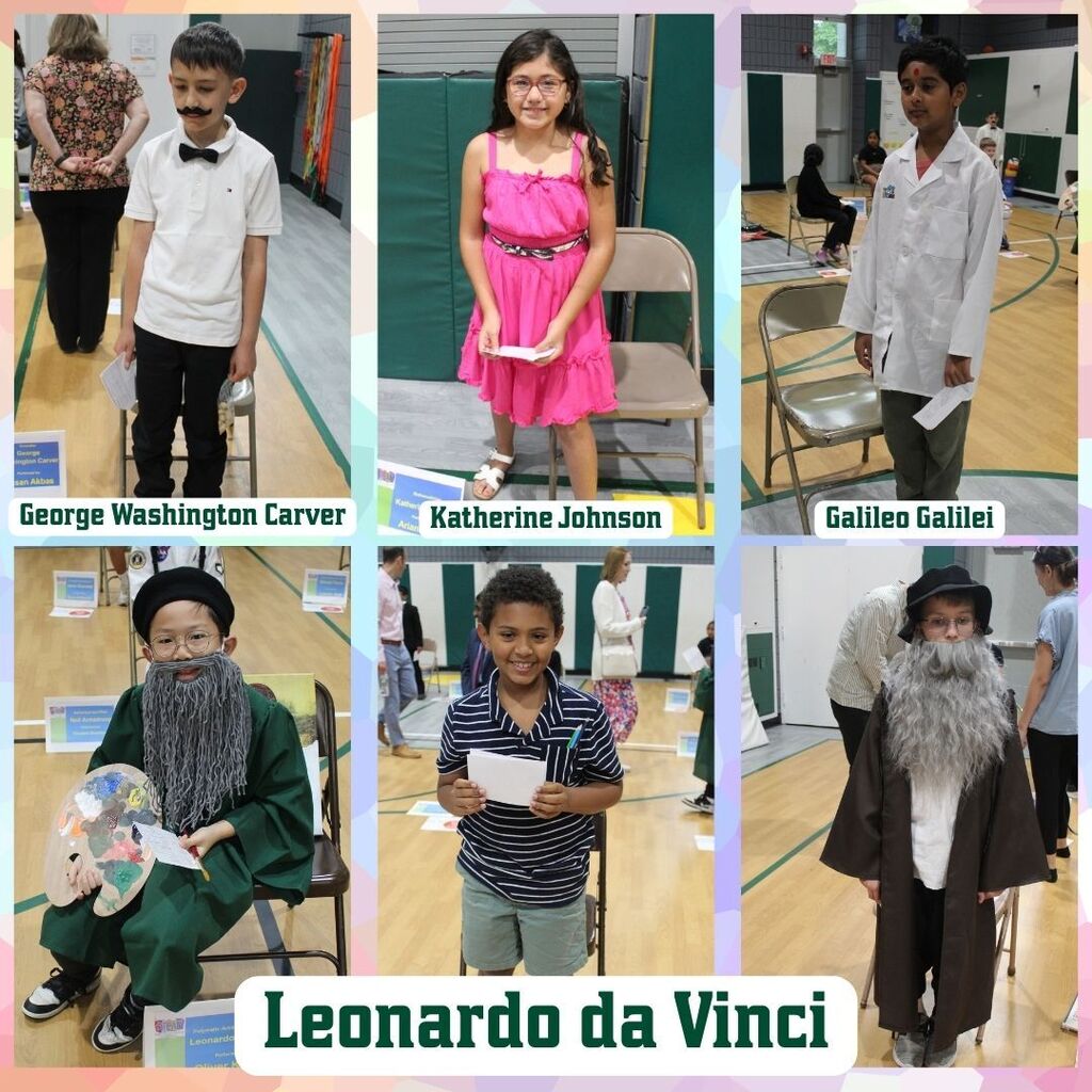 Children dressed as historical figures: George Washington Carver in a suit, Katherine Johnson in a pink dress, Galileo Galilei in a lab coat, and Leonardo da Vinci in a robe, each smiling and holding papers in a school gym setting.