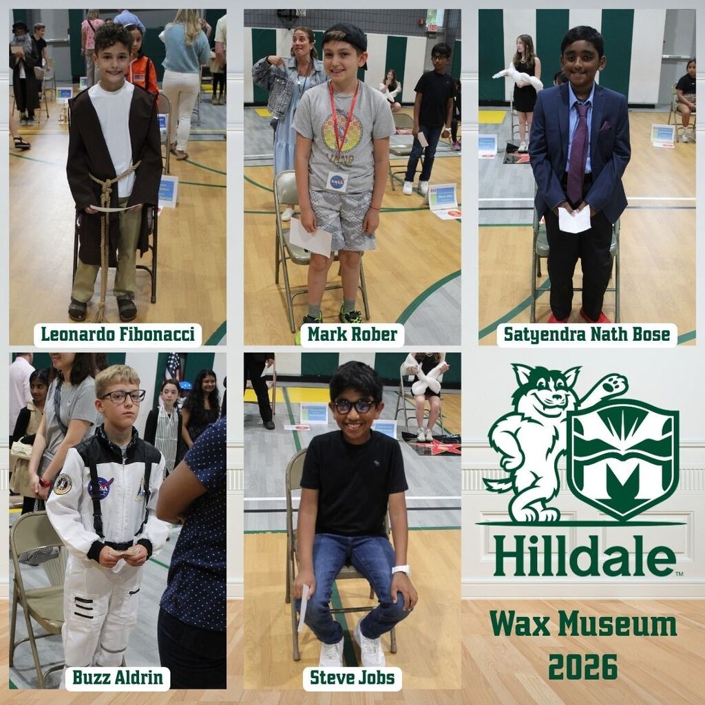 Students dressed as historical and contemporary figures like Fibonacci, Mark Rober, Satyendra Nath Bose, Buzz Aldrin, and Steve Jobs at a school event. "Hilldale Wax Museum 2026" is displayed, conveying a fun and educational atmosphere.