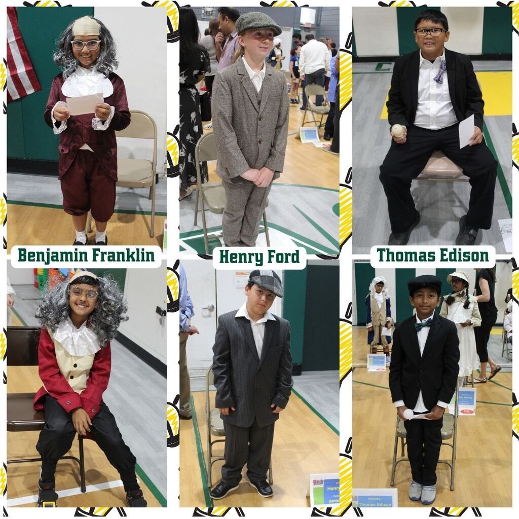 Children dressed as historical figures for a school event stand in costumes. They resemble inventors and leaders, smiling confidently on a gym floor.