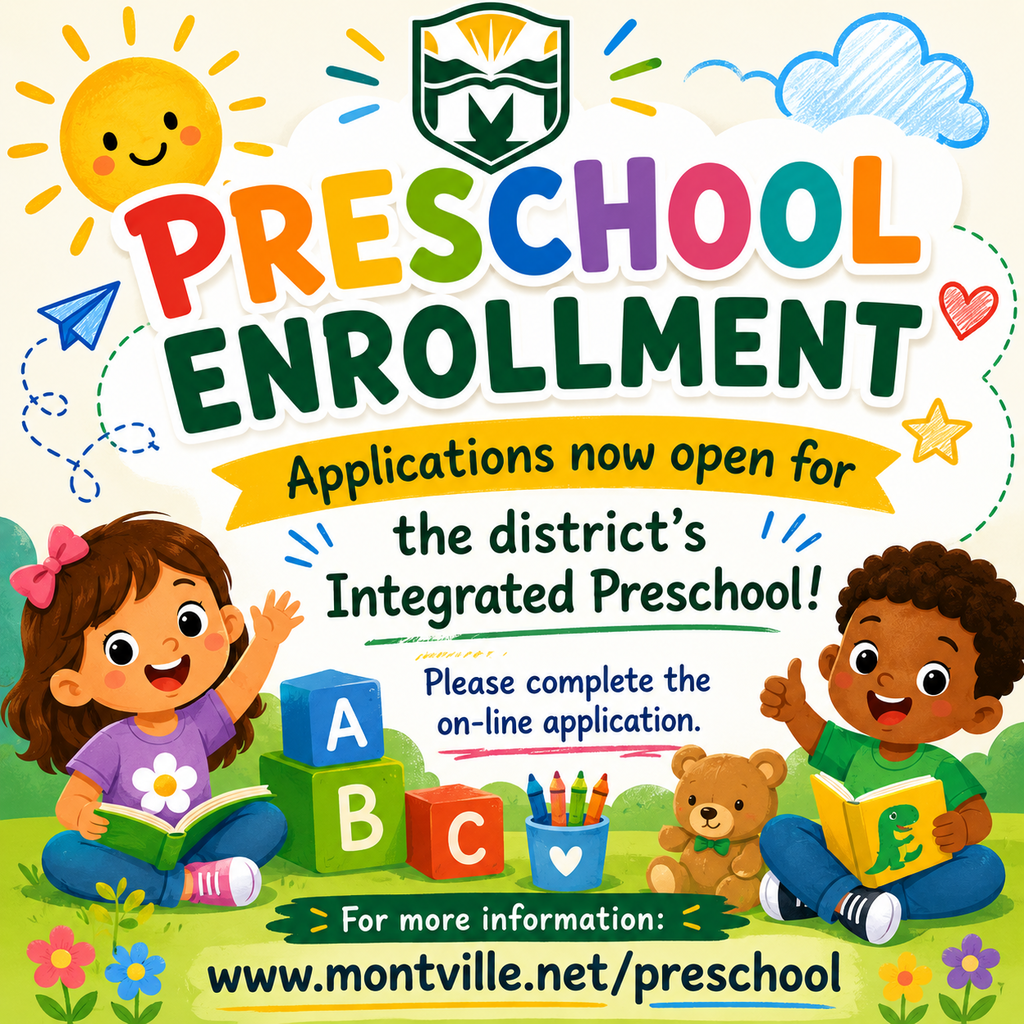 Colorful preschool enrollment flyer with a sun, clouds, and playful kids reading among ABC blocks and crayons. Text details application openings.