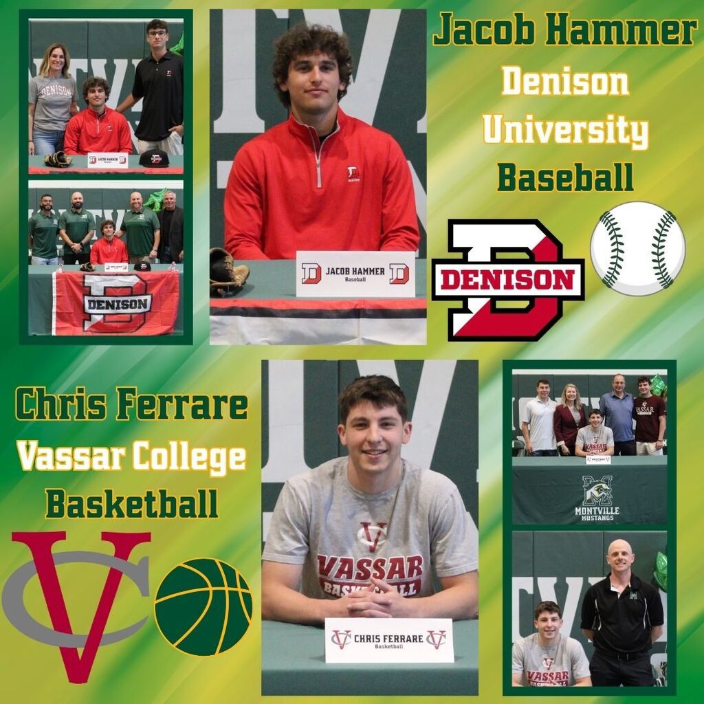 Two students signing for college sports: Jacob Hammer for Denison University baseball, wearing a red shirt; Chris Ferrare for Vassar College basketball, wearing a gray shirt. They are each pictured with family and coaches, set against a vibrant, sports-themed background.