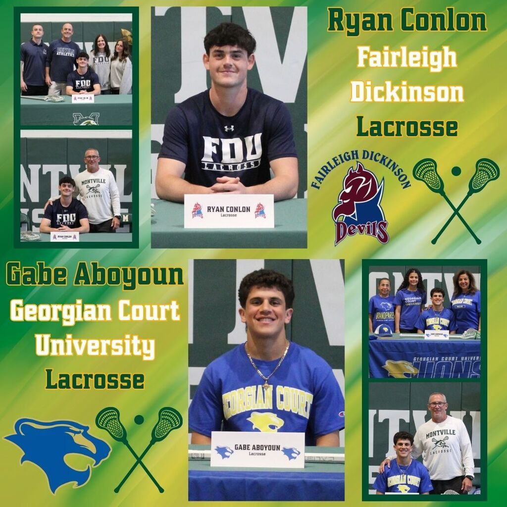 Two young men signing with colleges for lacrosse. Ryan Conlon, in an FDU shirt, and Gabe Aboyoun, in a Georgian Court shirt, pose with family.
